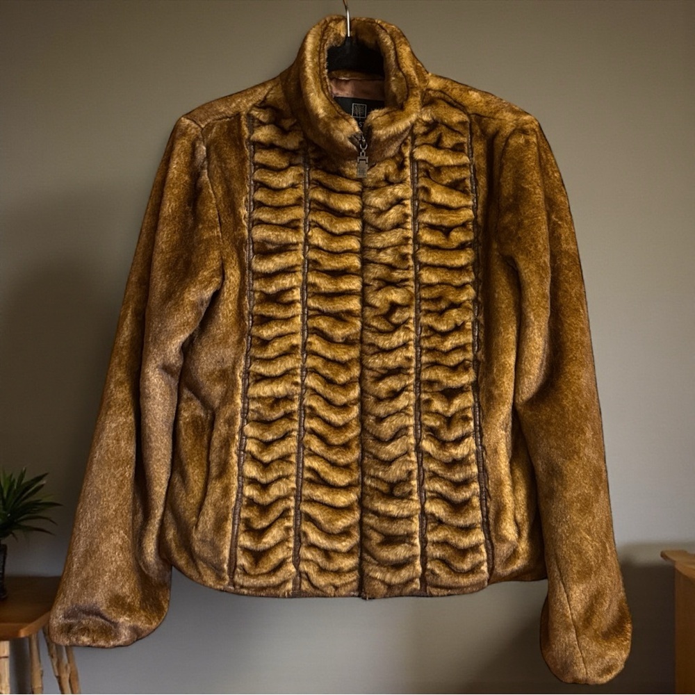 Alpine Studio Brown Faux Fur Jacket Ruched Distressed Faux Leather Trim Zipper - Picture 3 of 12